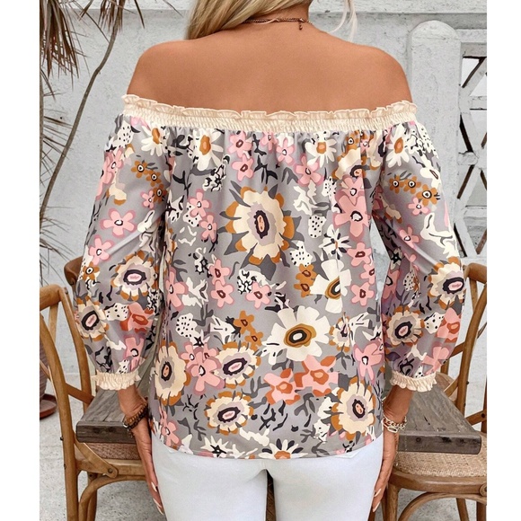 Boho Floral Print Off Shoulder Loose Fit Blouse - Picture 4 of 5